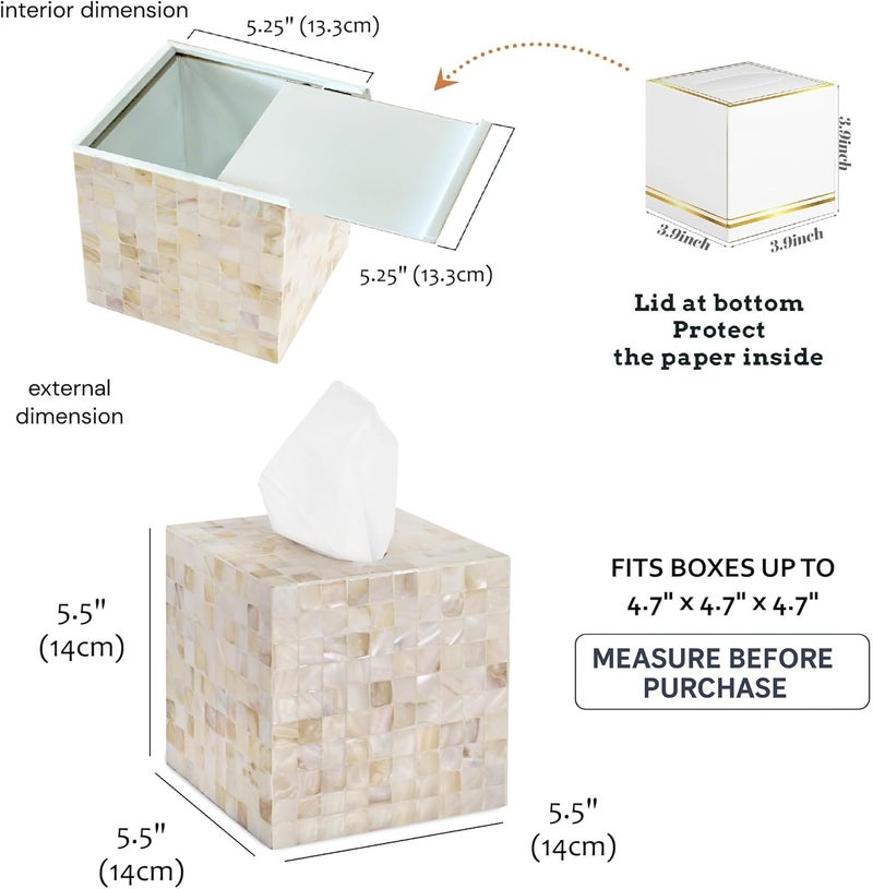PEMAR Handcrafted Wooden Tissue Box Cover for Small Cube Tissue Boxes Only (Max Inner Size 4.7”) – Mother of Pearl Inlay Decorative Tissue Holder for Bathroom, Living Room & Office (White Sand) - Image 4